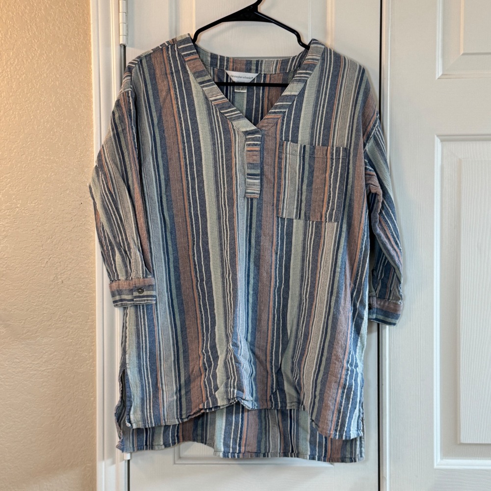 Christopher & Banks Tunic Top Women's Lg Striped 3/4 Sleeve Pullover Multicolor